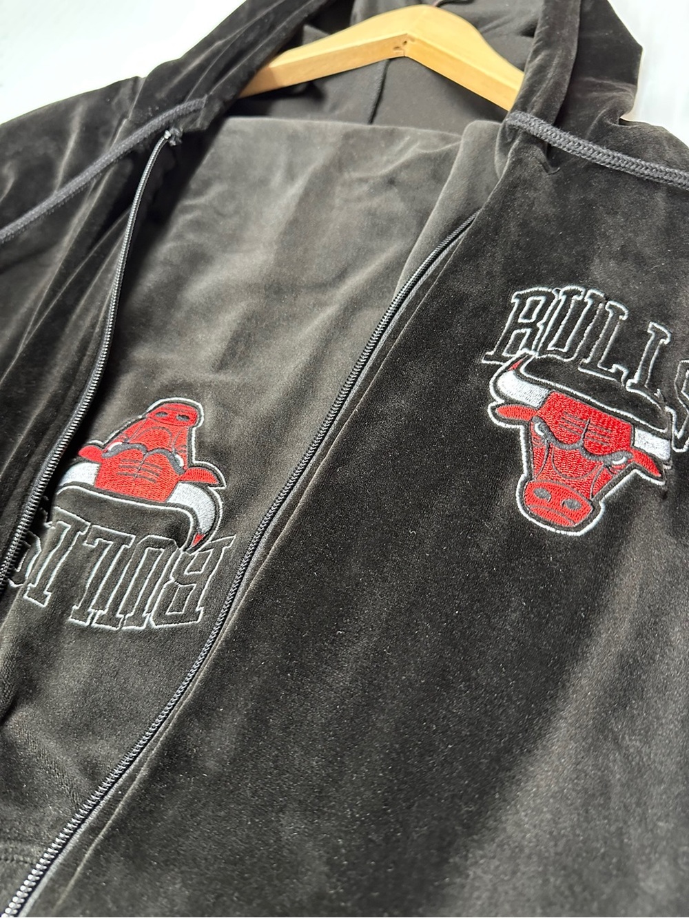 Chicago Bulls Black Velour Zip Hoodie with Embroidered Logos